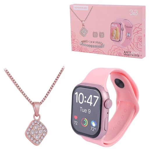 پک لوکس ساعت هوشمند زنانه KEQIWEAR مدل KW73 Mini | ست کامل اپل واچ سری 10 آلمانی به همراه زیورآلات و ۳ بند اضافه