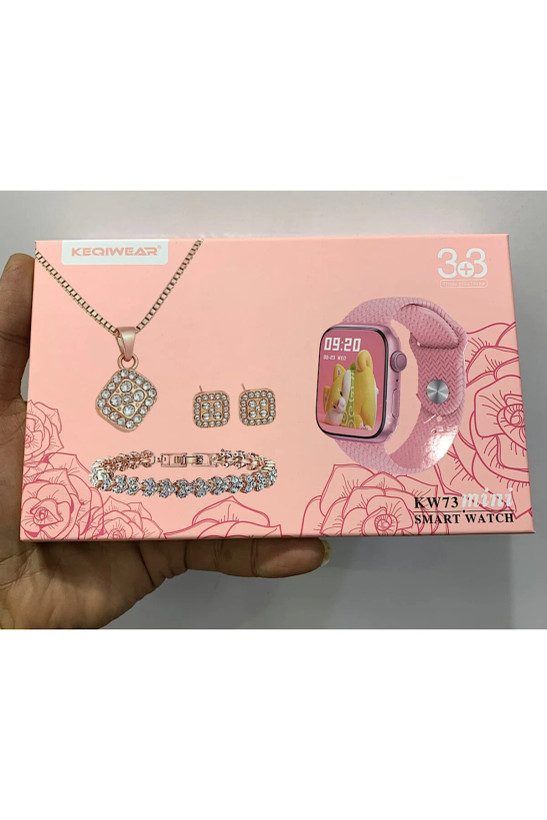 پک لوکس ساعت هوشمند زنانه KEQIWEAR مدل KW73 Mini | ست کامل اپل واچ سری 10 آلمانی به همراه زیورآلات و ۳ بند اضافه