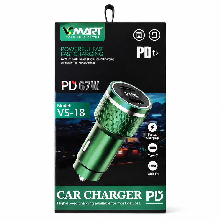شارژر فندکی سوپر فست شارژ ۶۷ وات VSMART مدل VS-18 | دو پورت تایپ سی (Type-C) با بدنه فلزی