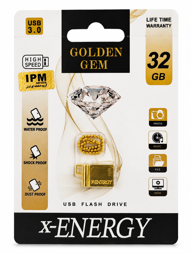 فلش مموری x-ENERGY مدل GOLDEN GEM ظرفیت 32 گیگابایت USB 3.0 با گارانتی مادامالعمر