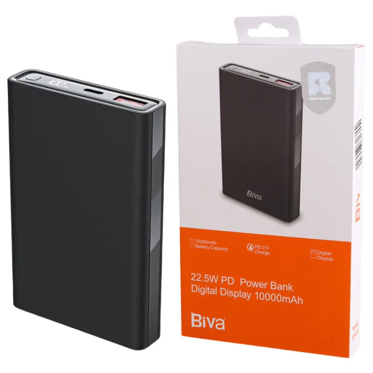 پاوربانک جیبی Biva BP‑013 ظرفیت 10000 میلیآمپر ساعت | شارژ سریع 22.5 وات PD + نمایشگر دیجیتال