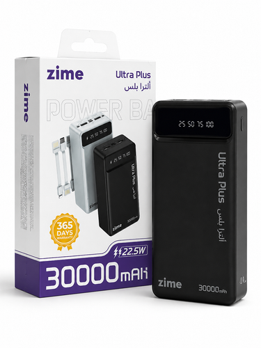 پاوربانک ۳۰۰۰۰ میلیآمپر زایم Zime مدل B10a Ultra Plus توان ۲۲.۵ وات (دارای ۳ کابل داخلی و چراغ قوه)