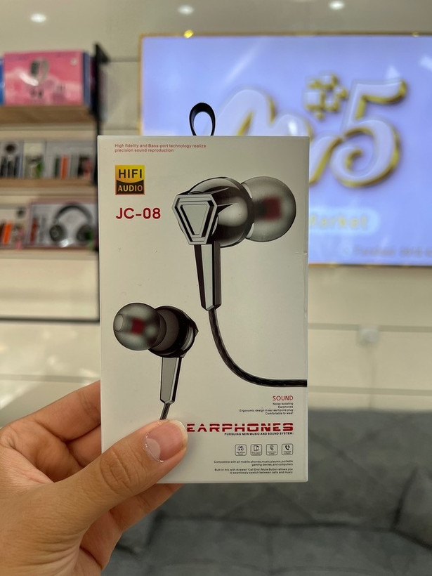 هندزفری سیمی JC‑08 با جک ۳.۵ میلیمتری (HiFi Audio با میکروفون و Bass قوی)