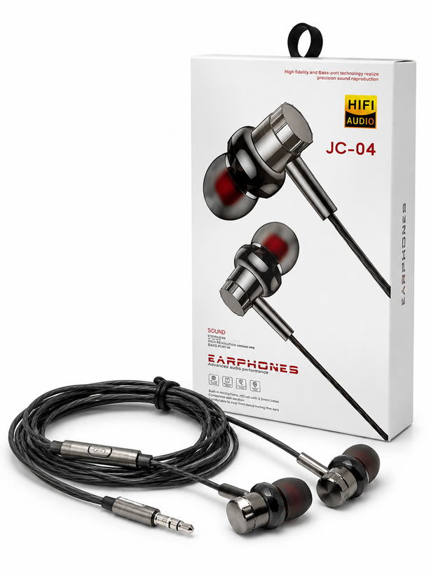 هندزفری سیمی JC‑04 HiFi Audio با جک ۳.۵ میلیمتری و میکروفون | باس قوی و صدای شفاف
