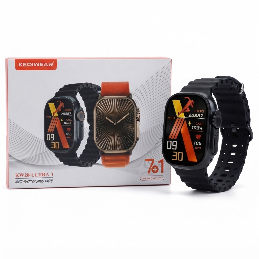 ساعت هوشمند KEQIWEAR KW28 ULTRA 3 | پک بی‌نظیر 7+1 با قابلیت GPS و دستیار صوتی
