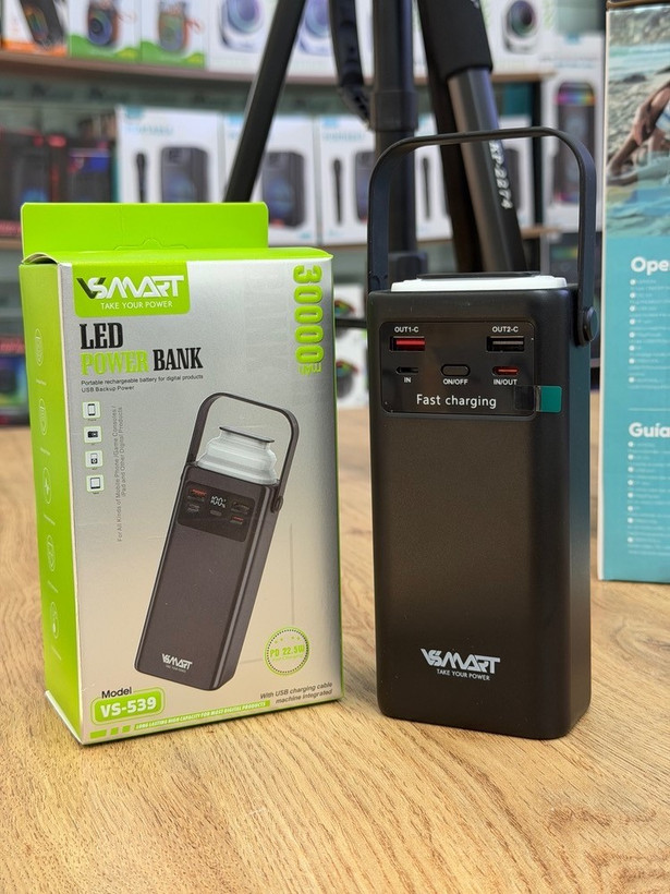 پاوربانک VSMART مدل VS-539 ظرفیت 30000mAh | شارژ سریع PD 22.5W، ۴ کابل سرخود، نمایشگر LED، چراغقوه، ۵ لایه حفاظتی