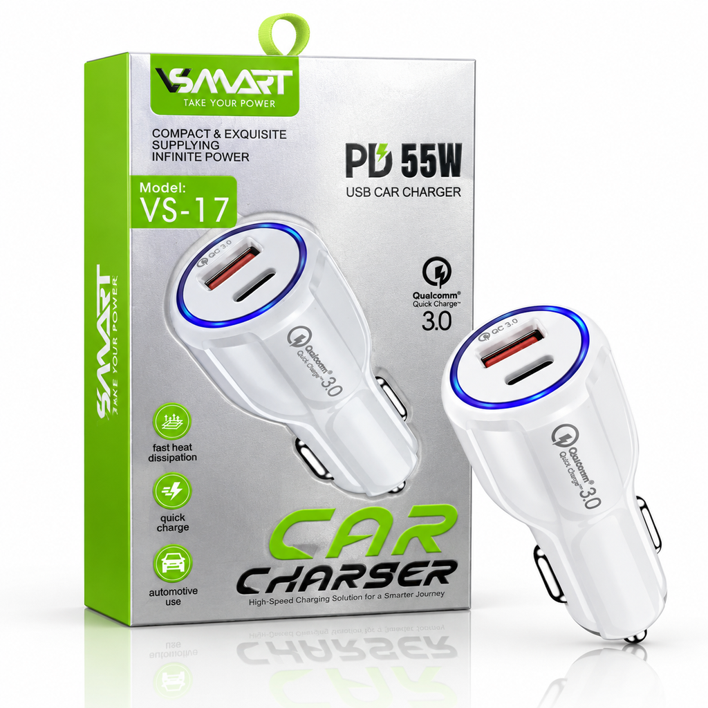 شارژر فندکی خودرو VSmart مدل VS-17 | توان ۵۵ وات PD & QC 3.0 | دارای حلقه نورانی