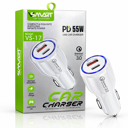 شارژر فندکی خودرو VSmart مدل VS-17 | توان ۵۵ وات PD & QC 3.0 | دارای حلقه نورانی