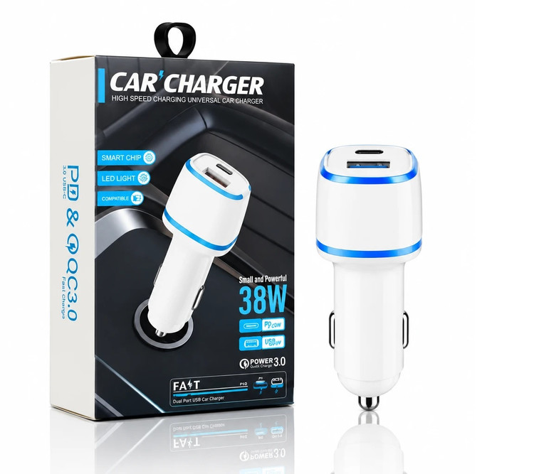شارژر فندکی ۳۸ وات دو پورت (Type-C PD 20W + USB QC 3.0)